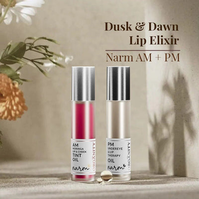 Narm Dusk & Dawn Lip Elixir – AM Tint & PM Lip Therapy Duo – Lip Combo Pack on Brown Living™. SKU: ORG - NARM - LIPDUO01. Img 2.