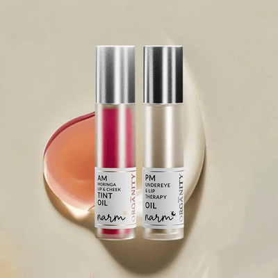 Narm Dusk & Dawn Lip Elixir – AM Tint & PM Lip Therapy Duo – Lip Combo Pack on Brown Living™. SKU: ORG - NARM - LIPDUO01. Img 1.