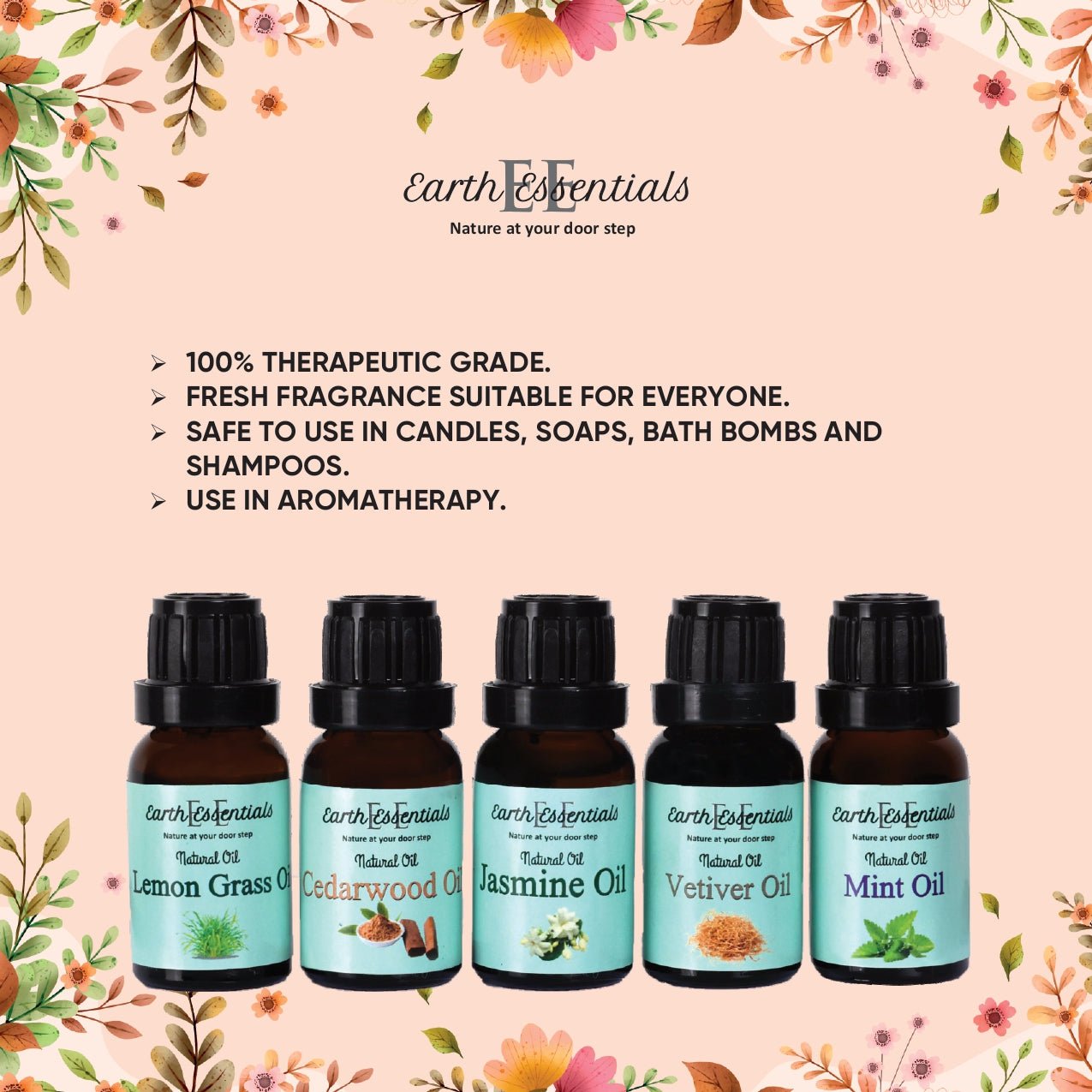 Natural Aroma Oils Set of 5 – Essential Oils Combo Pack 75 ml – Essential Oils on Brown Living™. SKU: EO-1. Img 2.