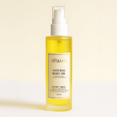 Natural Body Oil - Coconut Vanilla - 100 ML – Body Oil on Brown Living™. SKU: BodyoilC. Img 6.