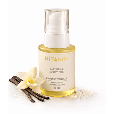 Natural Body Oil Coconut Vanilla 30ml Nourishing Skin Oil – Body Oil on Brown Living™. SKU: bodyoil30ml. Img 1.