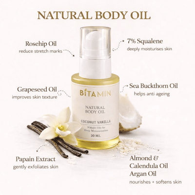 Natural Body Oil Coconut Vanilla 30ml Nourishing Skin Oil – Body Oil on Brown Living™. SKU: bodyoil30ml. Img 2.