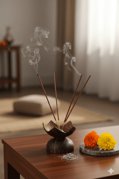 Natural Coconut Shell Agarbathi Holder – Eco - Friendly Incense Stand – Pooja Needs on Brown Living™. SKU: KOTT011. Img 1.