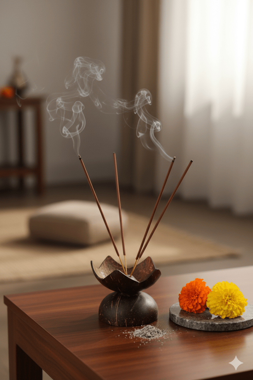 Natural Coconut Shell Agarbathi Holder – Eco - Friendly Incense Stand – Pooja Needs on Brown Living™. SKU: KOTT011. Img 1.