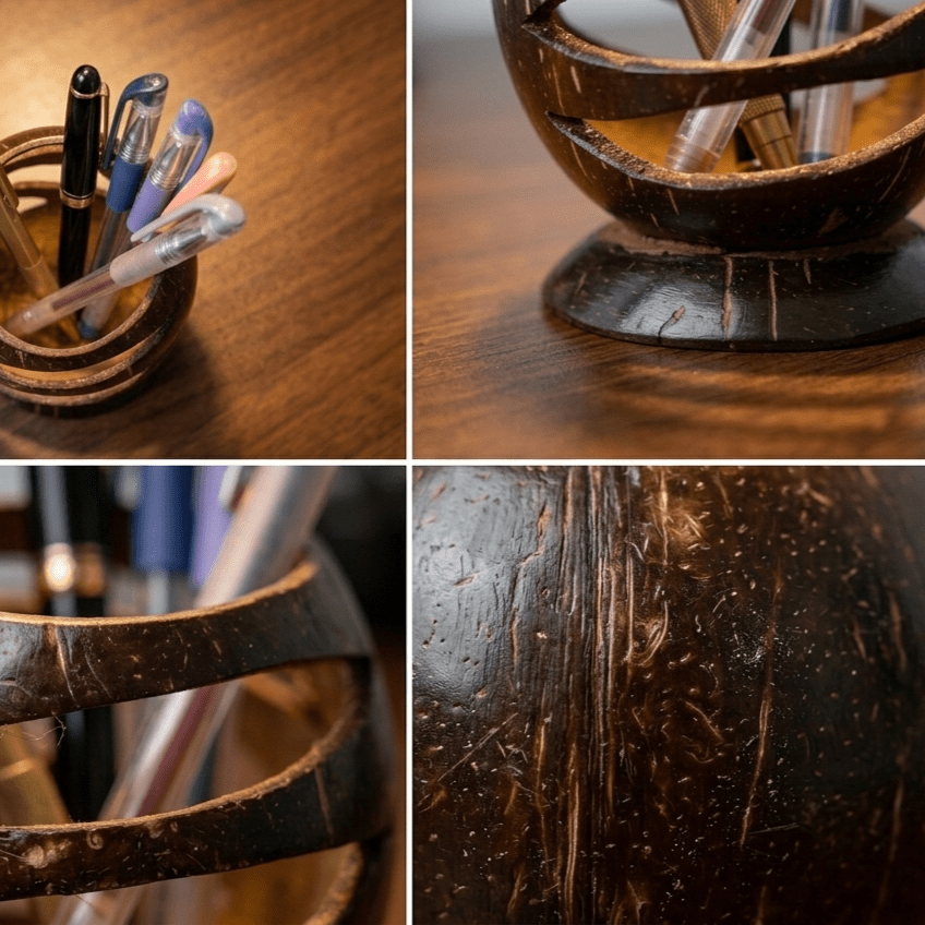 Natural Coconut Shell Pen Stand | Pen Holder – Desk Organizers on Brown Living™. SKU: KOT-HU-004. Img 3.