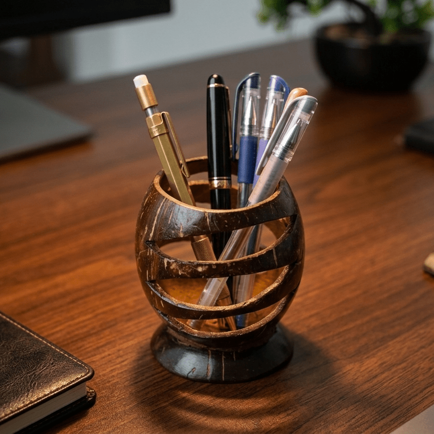 Natural Coconut Shell Pen Stand | Pen Holder – Desk Organizers on Brown Living™. SKU: KOT-HU-004. Img 2.