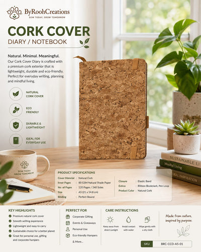Natural Cork Cover A5 Diary | Eco-Friendly Sustainable Notebook – Notebooks & Notepads on Brown Living™. SKU: BRC-CCD-A5-01. Img 4.