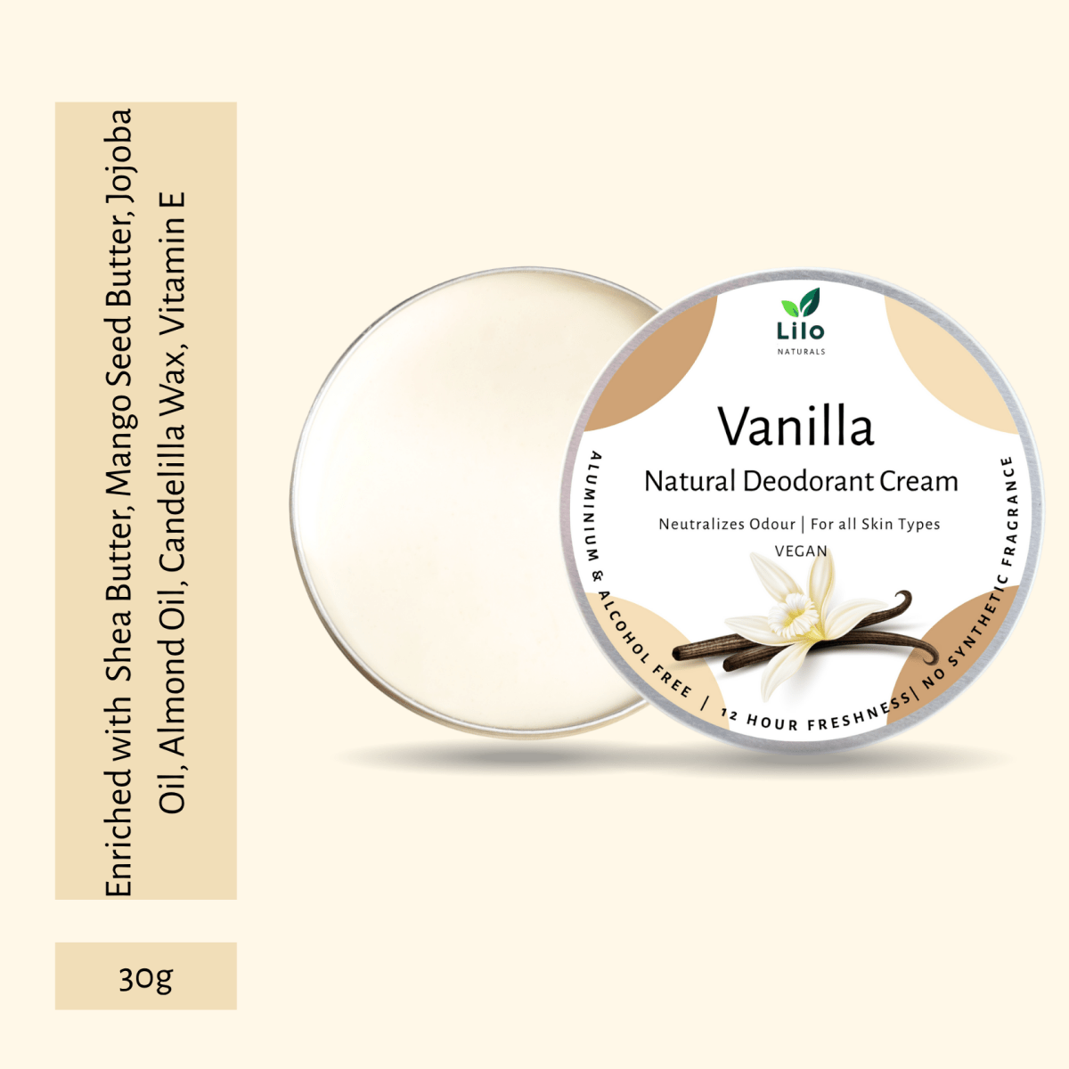 Natural Deodorant Cream | Vanilla | Enriched with Jojoba & Almond Oil – Deodorant by Lilo Naturals available on Brown Living™. . SKU: SKUD001. Img 1.