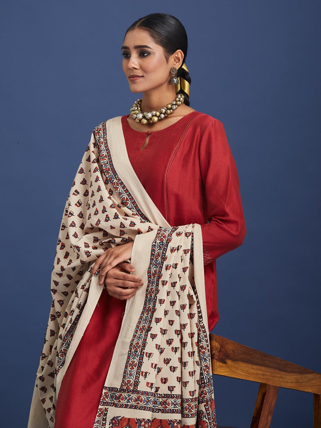 Natural Dyed Hand Block Printed Cotton Ajrakh Dupatta with Pom Pom – Womens Dupatta on Brown Living™. SKU: WTAACD81. Img 2.