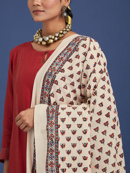 Natural Dyed Hand Block Printed Cotton Ajrakh Dupatta with Pom Pom – Womens Dupatta on Brown Living™. SKU: WTAACD81. Img 3.
