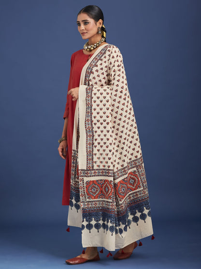 Natural Dyed Hand Block Printed Cotton Ajrakh Dupatta with Pom Pom – Womens Dupatta on Brown Living™. SKU: WTAACD81. Img 4.