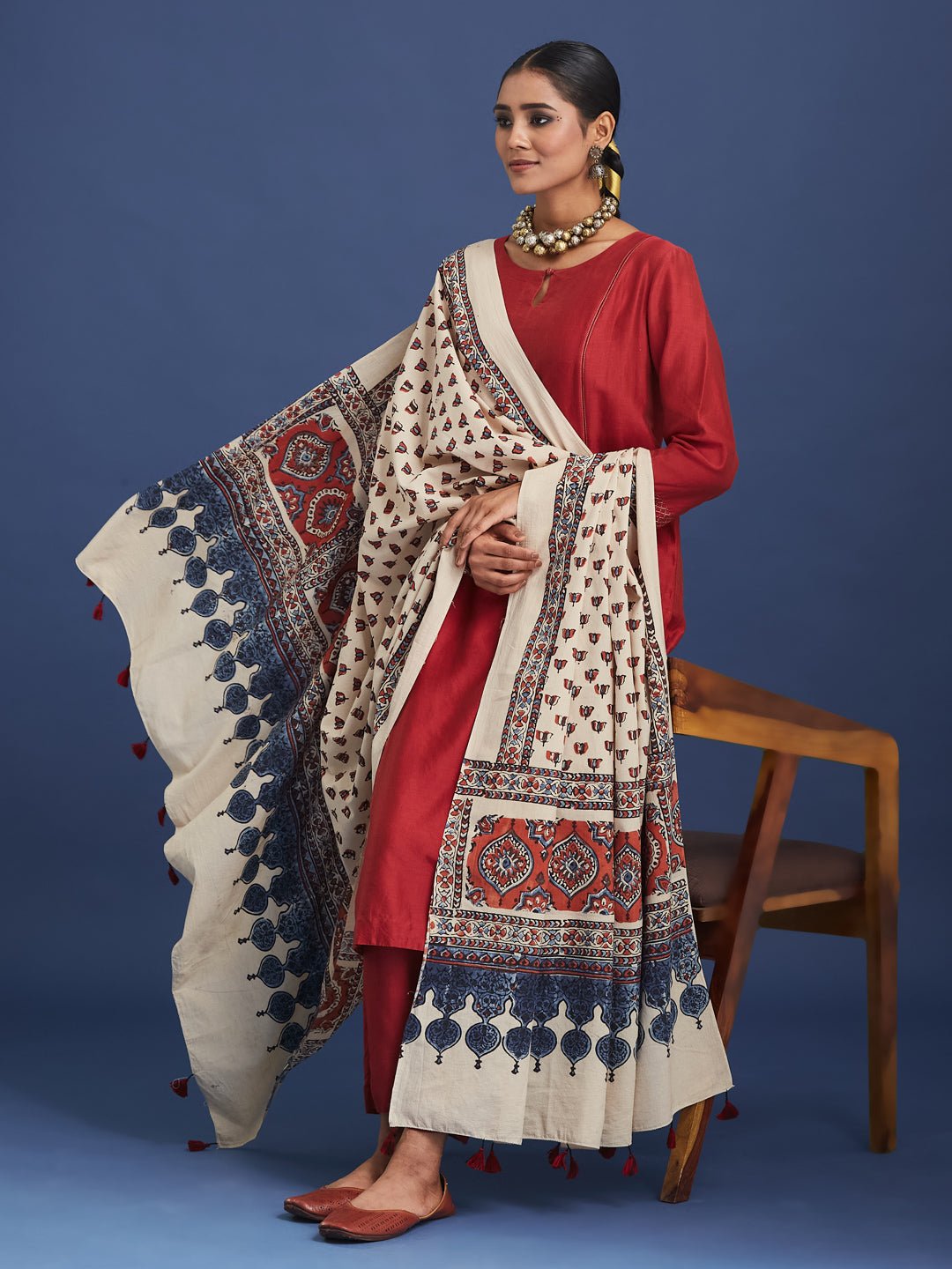 Natural Dyed Hand Block Printed Cotton Ajrakh Dupatta with Pom Pom – Womens Dupatta on Brown Living™. SKU: WTAACD81. Img 1.