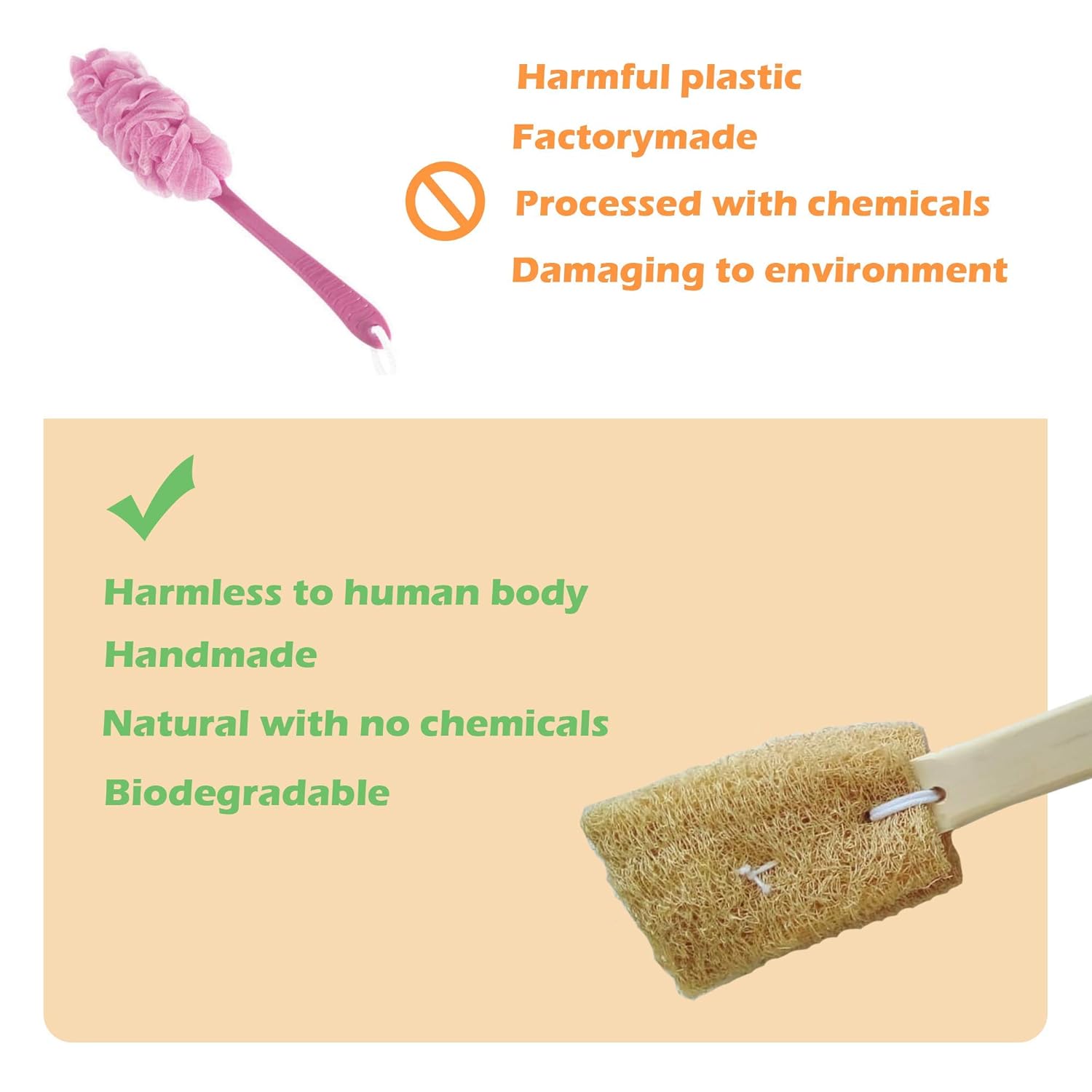 Natural Exfoliating Loofah Bath Brush with Wood Handle – Body Scrub on Brown Living™. SKU: KOE-015-HDL. Img 4.