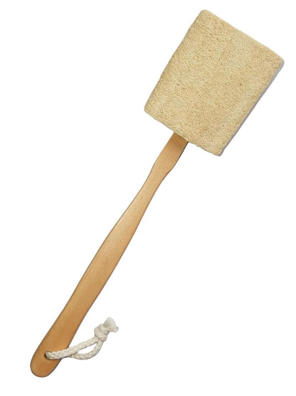 Natural Exfoliating Loofah Bath Brush with Wood Handle – Body Scrub on Brown Living™. SKU: KOE-015-HDL. Img 1.