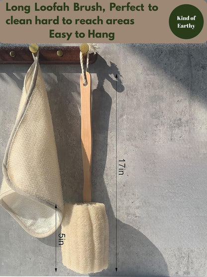 Natural Exfoliating Loofah Bath Brush with Wood Handle – Body Scrub on Brown Living™. SKU: KOE-015-HDL. Img 2.