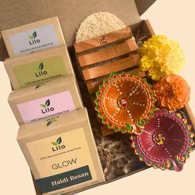 Natural Glow Diwali Gift Hamper with Handmade Soaps & Diyas – Gift Box on Brown Living™. SKU: SKG002. Img 1.