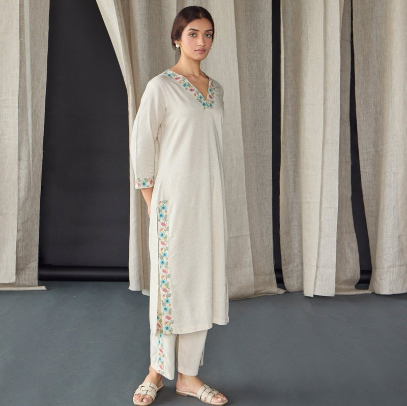 Natural Linen Embroidered Kurta Set | Verified Sustainable Womens Kurta on Brown Living™