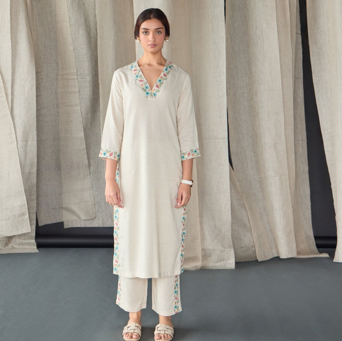 Natural Linen Embroidered Kurta Set | Verified Sustainable by Brown Living™