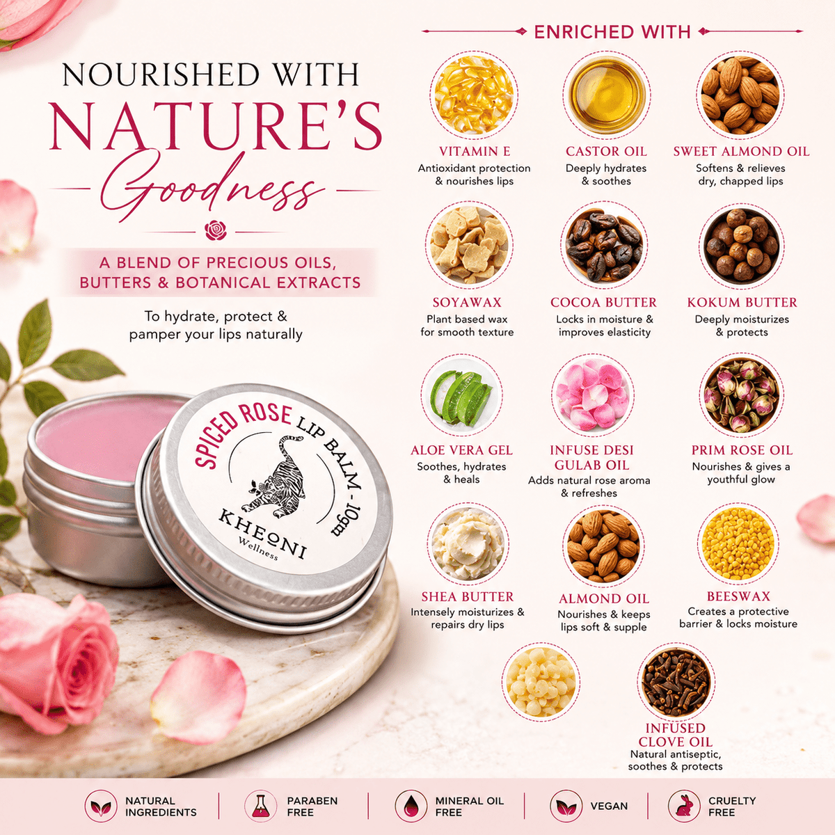 Natural Lip Balm | Spiced Rose Moisturizer with Shea Butter & Vitamin – Lip Balms on Brown Living™. SKU: FFLBSR010G. Img 5.