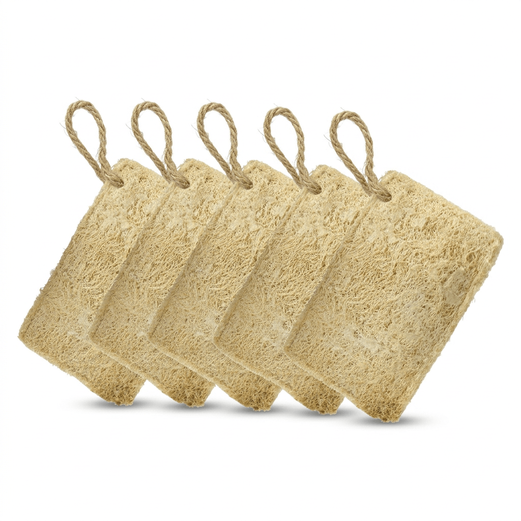 Natural Loofah Scrubber Pack Of 5 Plastic Free Body Exfoliator – Bath Accessories on Brown Living™. SKU: DOS-ORG-LOOFAH-01. Img 1.