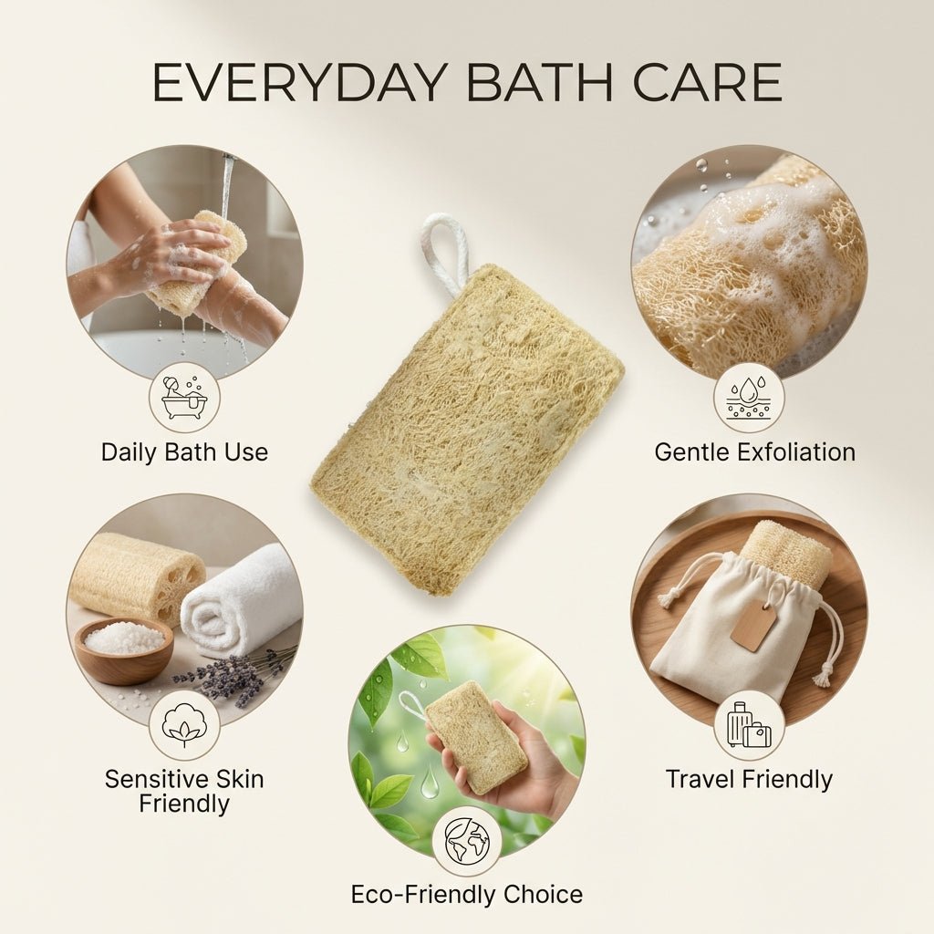 Natural Loofah Scrubber Pack Of 5 Plastic Free Body Exfoliator – Bath Accessories on Brown Living™. SKU: DOS-ORG-LOOFAH-01. Img 2.