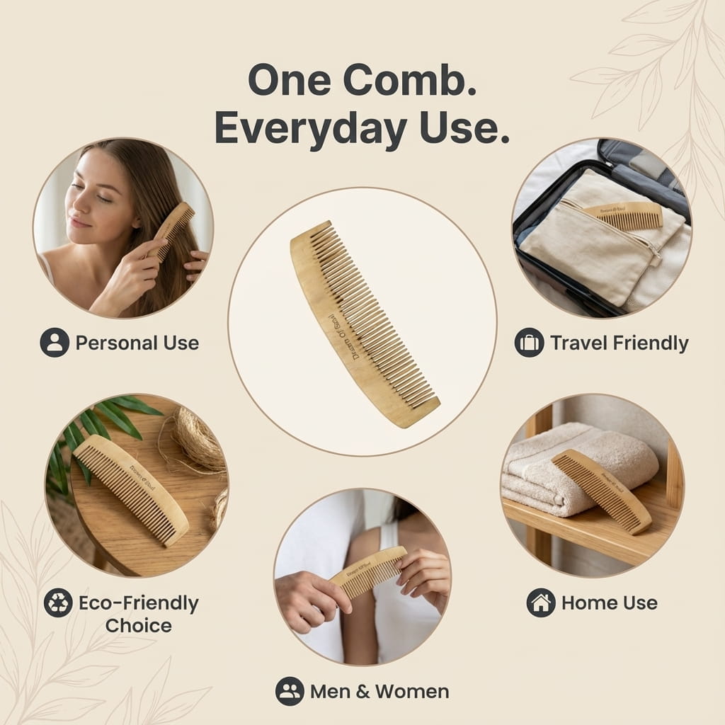 Natural Neem Wood Hair Comb Pack Of 5 Plastic Free Anti Static – Hair Comb on Brown Living™. SKU: DOS-NC-COMB-01. Img 6.