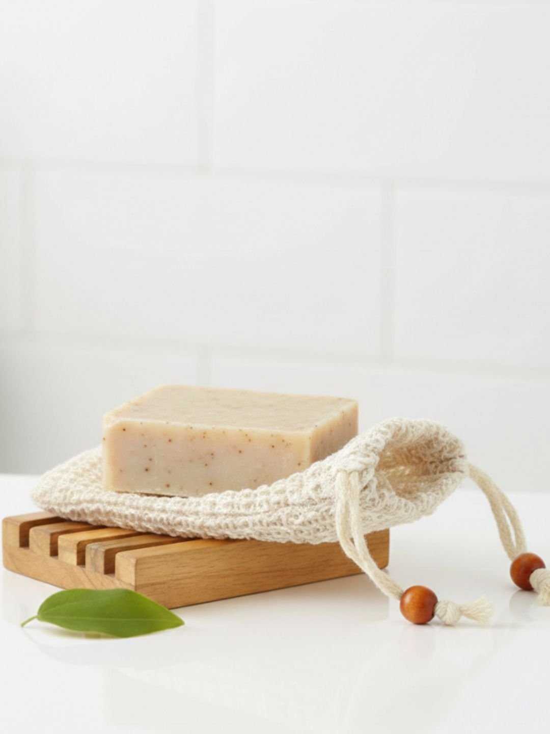 Natural Ramie Soap Saver Pouch & Bamboo Wood Soap Dish – Bath Accessories on Brown Living™. SKU: KOE024-SD-SS. Img 2.