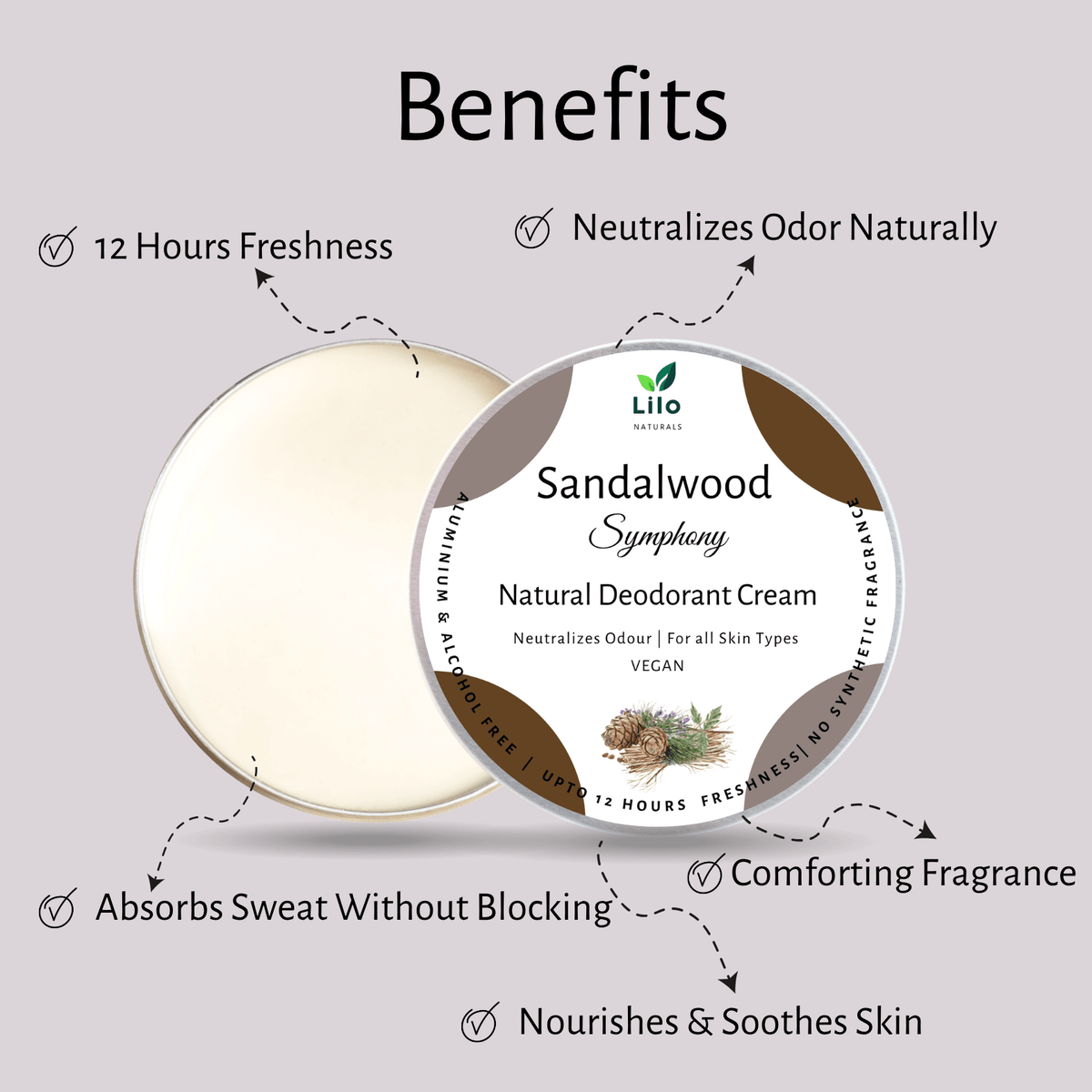 Natural Sandalwood Deodorant Cream | Jojoba & Almond Oil – Deodorant on Brown Living™. SKU: SKUS001. Img 3.