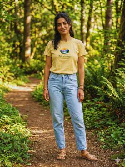 Naturally Dyed Organic Cotton T-Shirt for Women | Milky Orange – Womens T-Shirt on Brown Living™. SKU: YETS. Img 11.