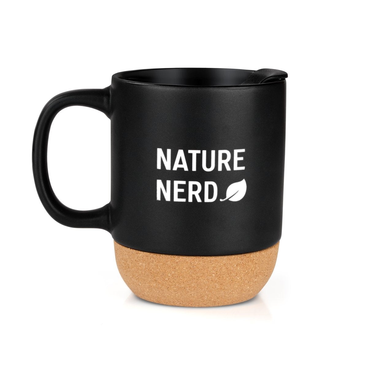 Nature Nerd 250ml Ceramic Mug With Slide To Sip Lid Cork Base – Mugs by The Cork Studio available on Brown Living™. . SKU: TCS - 02. Img 1.