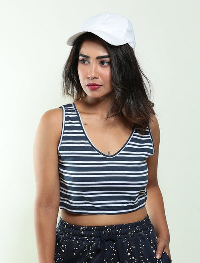 Nautical Crop Biowashed Organic Cotton Top - Navy Blue – Womens Top on Brown Living™. SKU: 008/NAU/BLUE - STRP/S - XS. Img 1.
