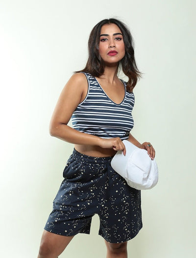 Nautical Crop Biowashed Organic Cotton Top - Navy Blue – Womens Top on Brown Living™. SKU: 008/NAU/BLUE - STRP/S - XS. Img 4.