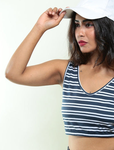 Nautical Crop Biowashed Organic Cotton Top - Navy Blue – Womens Top on Brown Living™. SKU: 008/NAU/BLUE - STRP/S - XS. Img 3.