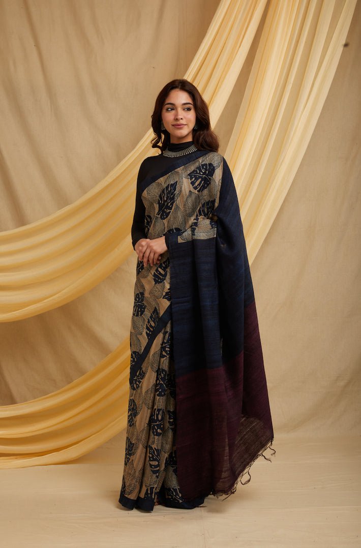 Navy Birch 100% Natural Ahimsa Tussar Peace Silk Saree – Womens Saree on Brown Living™. SKU: NAESA02. Img 2.