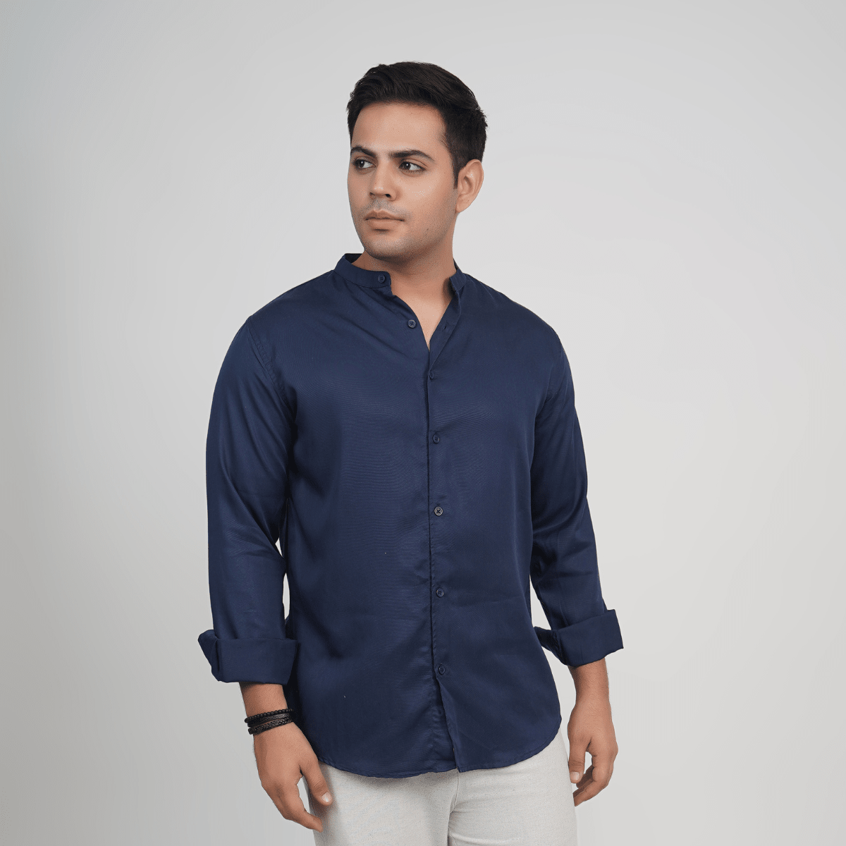 Navy Blue Tencel Mandarin Collar Shirt – Men Shirt on Brown Living™. SKU: MD1051_S. Img 1.