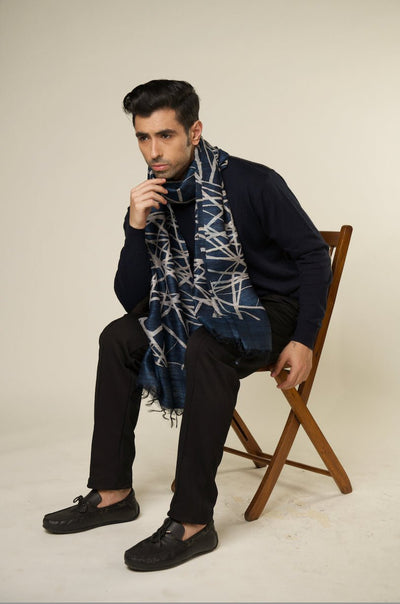 Navy Lattice 100% Natural Ahimsa Tussar Peace Silk Scarf for Men – Mens Scarf on Brown Living™. SKU: NAESWT09. Img 3.