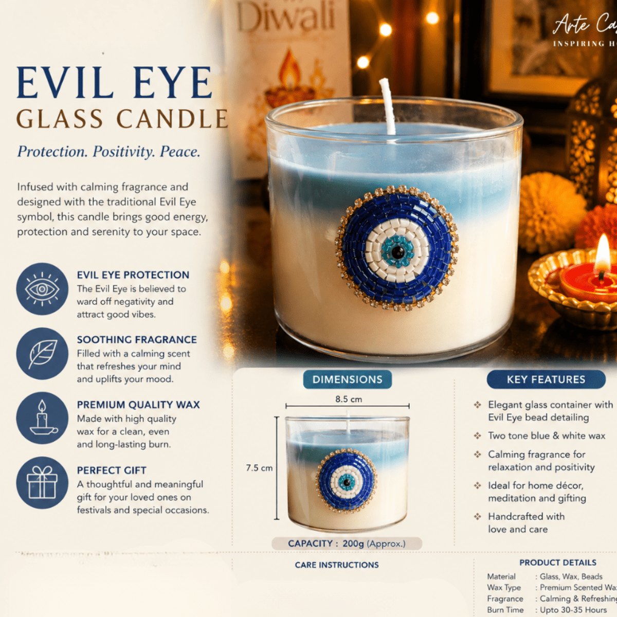 Nazar Halo Round Decorative Candle | Oudh Saffron Soy Wax Candle – Candles & Fragrances on Brown Living™. SKU: D-425. Img 3.