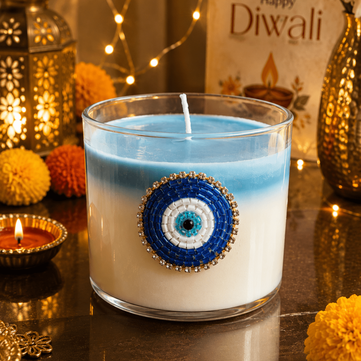 Nazar Halo Round Decorative Candle | Oudh Saffron Soy Wax Candle – Candles & Fragrances on Brown Living™. SKU: D-425. Img 1.