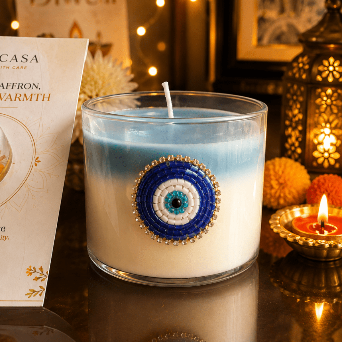 Nazar Halo Round Decorative Candle | Oudh Saffron Soy Wax Candle – Candles & Fragrances on Brown Living™. SKU: D-425. Img 4.