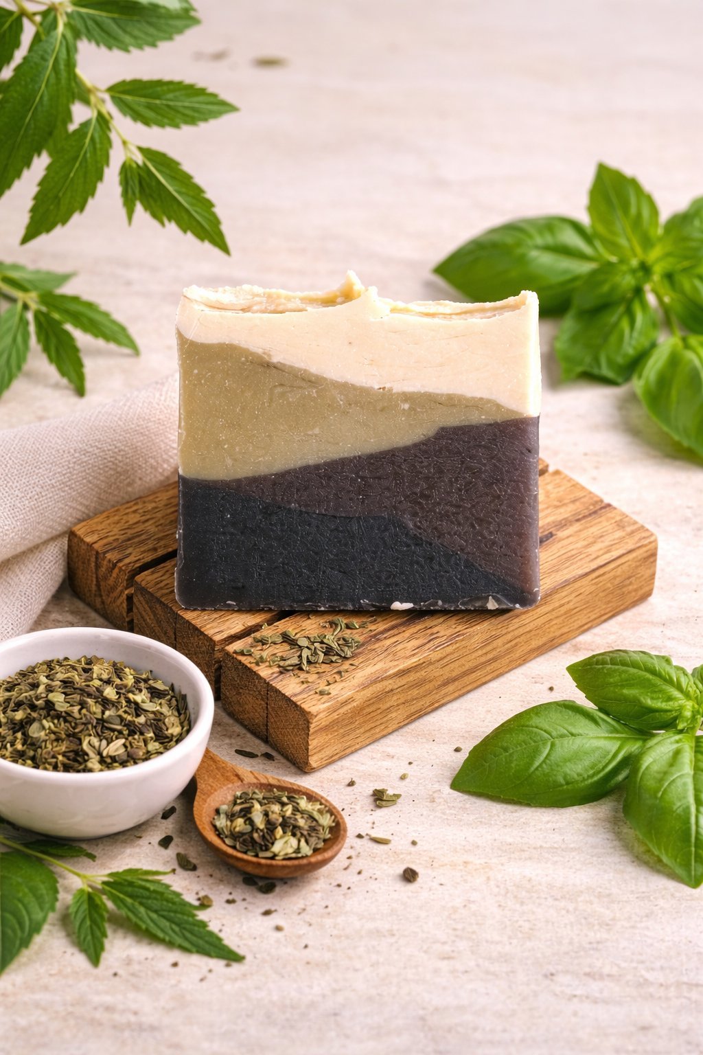 Neem and Basil Handmade Soap | Herbal Cleansing Bath Bar 120g – Body Soap on Brown Living™. SKU: SN-CP-NB-120. Img 3.