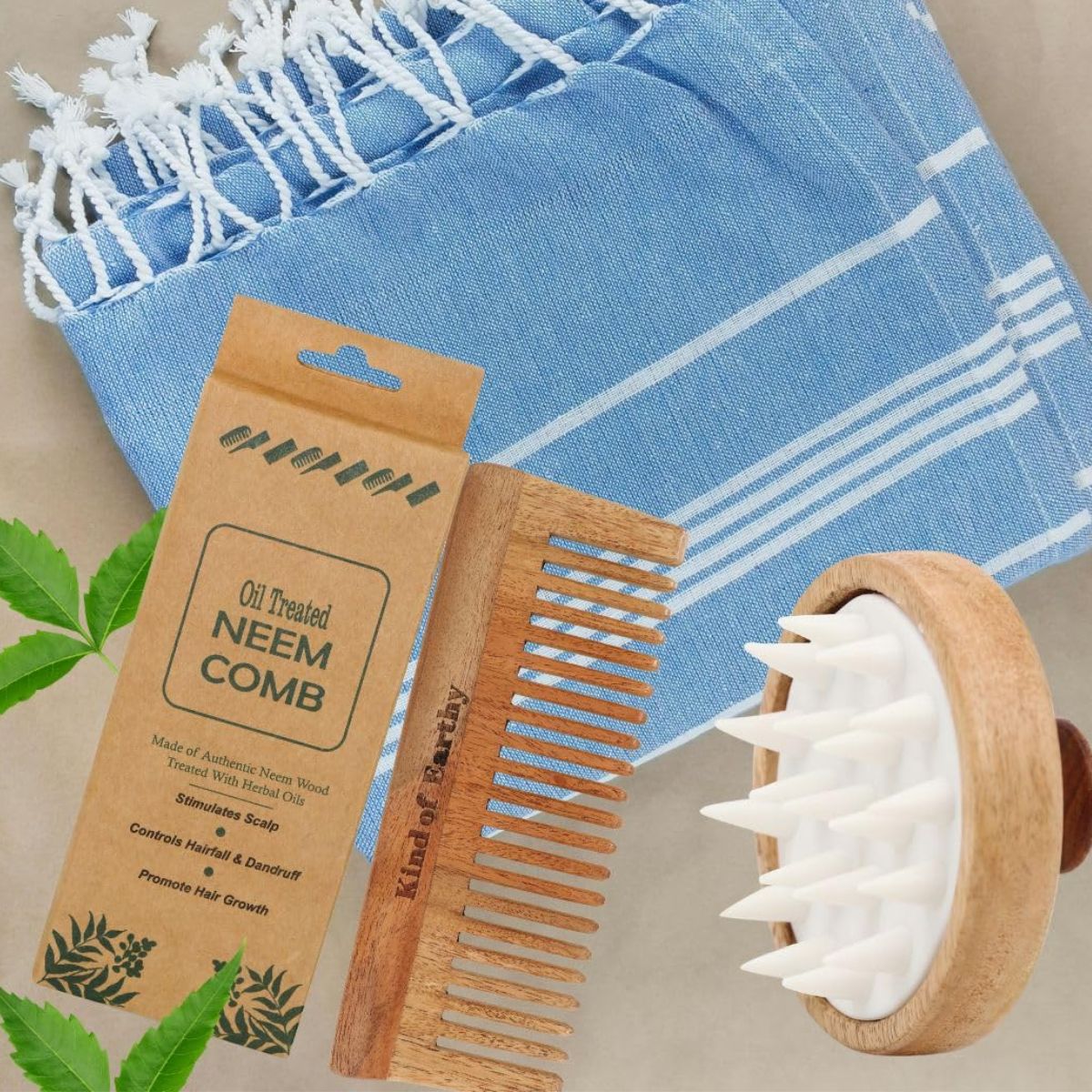 Neem Wood After Shampoo Comb & Wooden Round Shampoo Scalp Massager – Hair Comb on Brown Living™. SKU: KOE018-SC-WSM. Img 1.