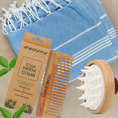 Neem Wood After Shampoo Comb & Wooden Round Shampoo Scalp Massager – Hair Comb on Brown Living™. SKU: KOE018-SC-WSM. Img 1.