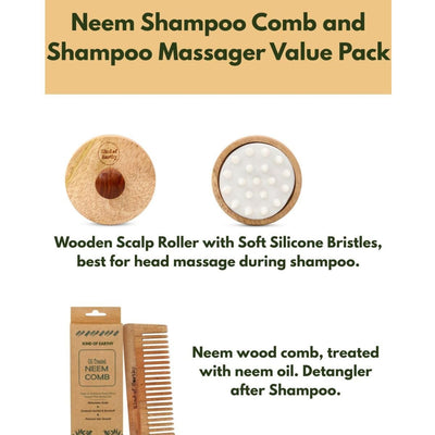 Neem Wood After Shampoo Comb & Wooden Round Shampoo Scalp Massager – Hair Comb on Brown Living™. SKU: KOE018-SC-WSM. Img 3.