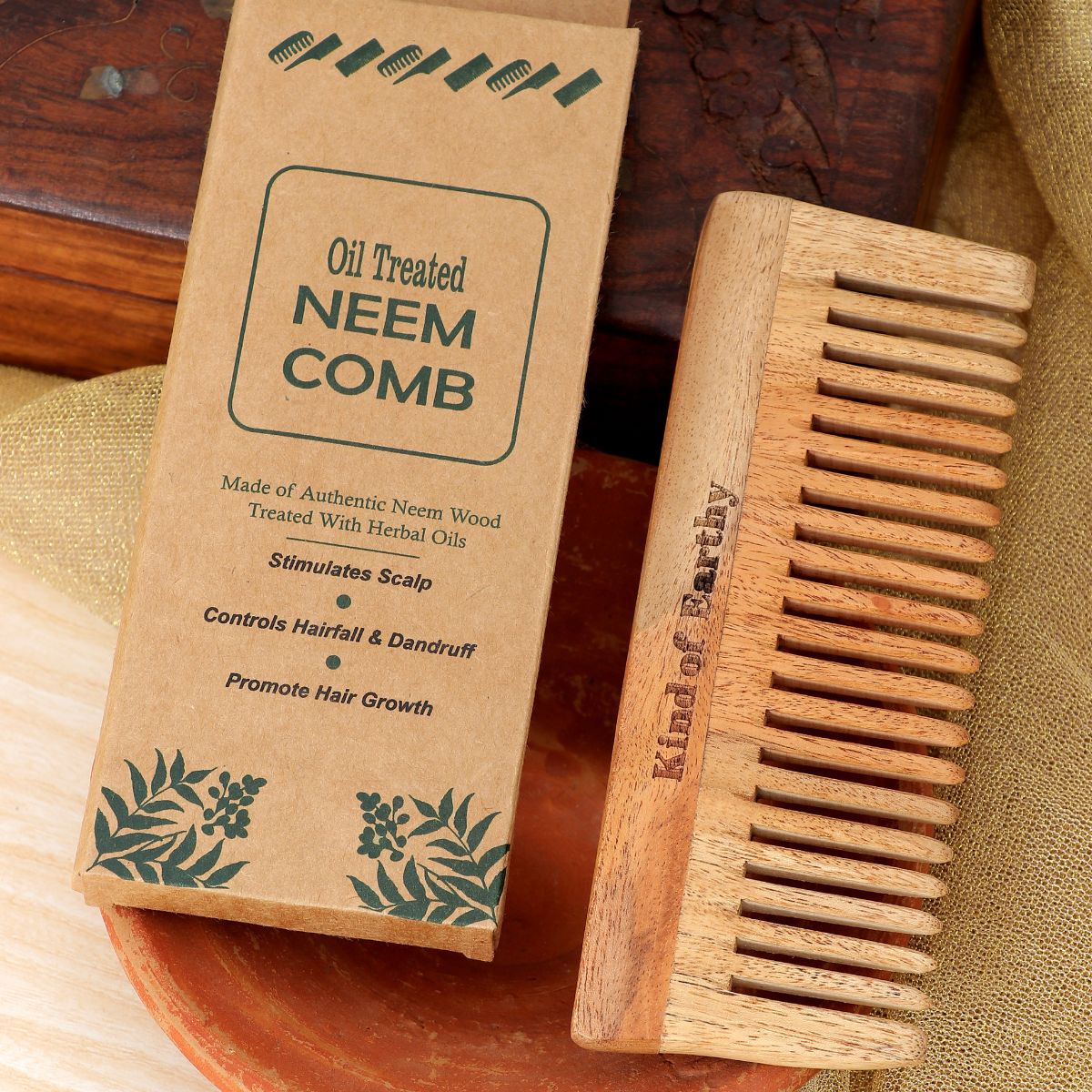 Neem Wood After Shampoo Comb & Wooden Round Shampoo Scalp Massager – Hair Comb on Brown Living™. SKU: KOE018-SC-WSM. Img 5.