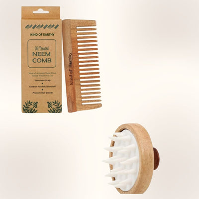Neem Wood After Shampoo Comb & Wooden Round Shampoo Scalp Massager – Hair Comb on Brown Living™. SKU: KOE018-SC-WSM. Img 2.