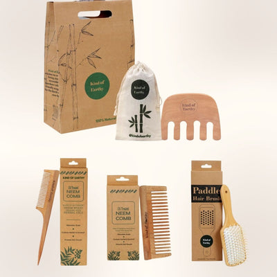 Neem Wood Comb Set & Bamboo Paddle Hairbrush Gift Set – Gift Hampers on Brown Living™. SKU: KOE-017-GP12. Img 2.