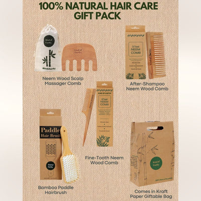 Neem Wood Comb Set & Bamboo Paddle Hairbrush Gift Set – Gift Hampers on Brown Living™. SKU: KOE-017-GP12. Img 3.
