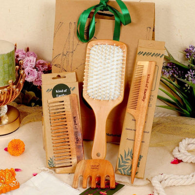 Neem Wood Comb Set & Bamboo Paddle Hairbrush Gift Set – Gift Hampers on Brown Living™. SKU: KOE-017-GP12. Img 1.