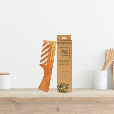 Neem Wood Comb with Handle | Regular Tooth | Anti - Static & Natural – Hair Comb on Brown Living™. SKU: KOE018-HC-1. Img 2.