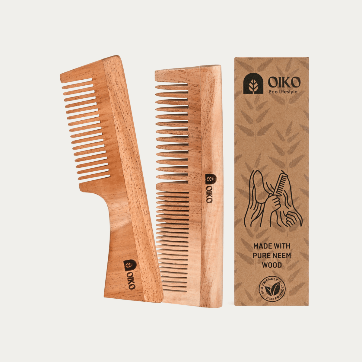 Neem Wood Hair Comb Combo Pack – Handle & Dual - Sided – Hair Comb by OIKO available on Brown Living™. . SKU: NE/HA/P2. Img 2.